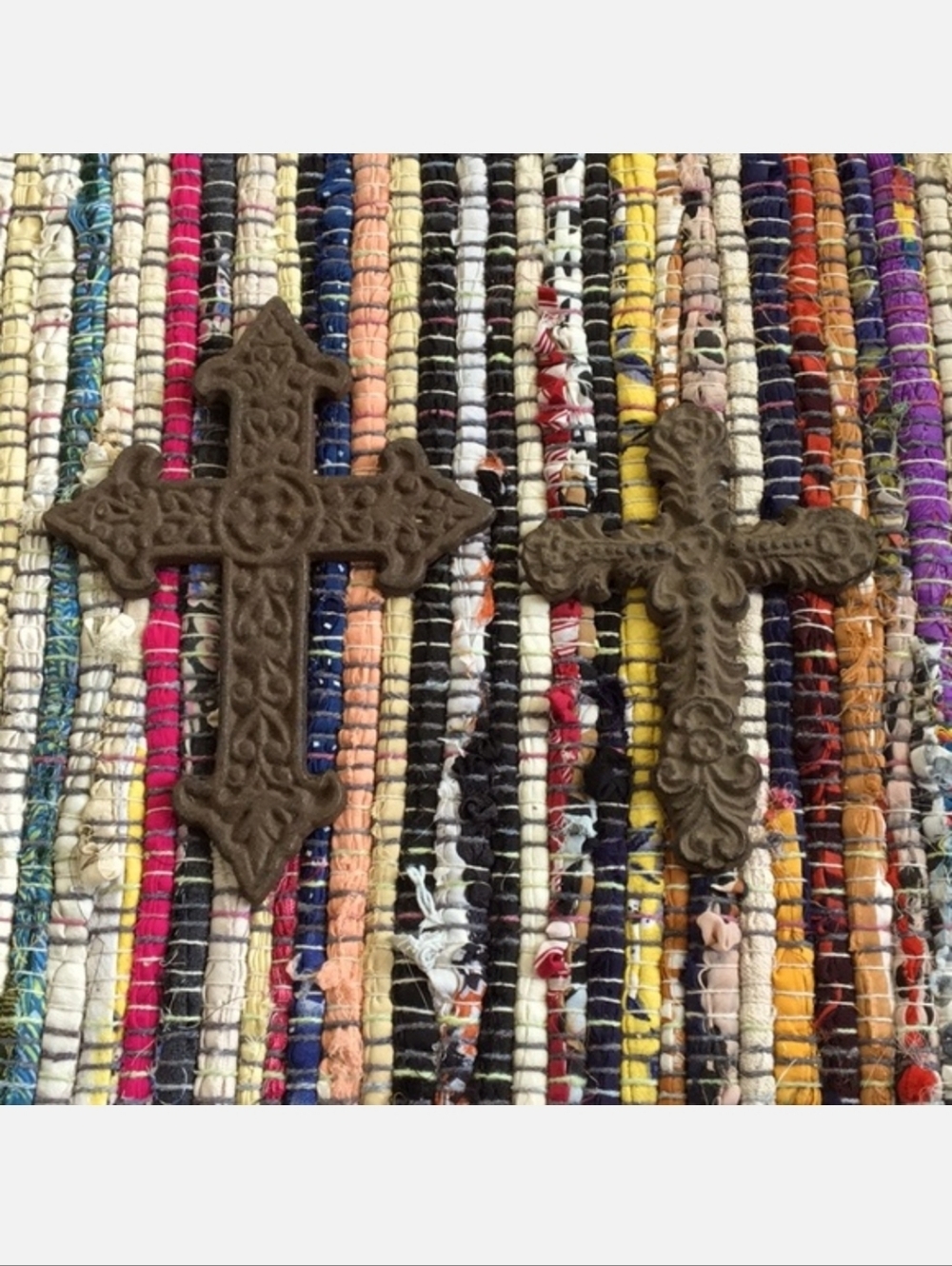 2 Rusty Distressed Dark Cocoa Brown Cast Iron Crosses Pet Grave Marker Memorial